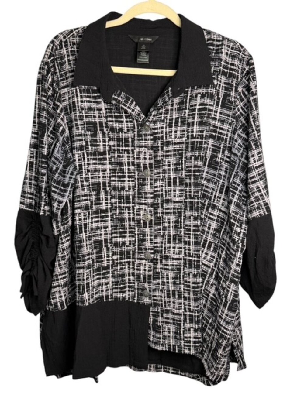 Ali Miles Blouse Women's 1X Abstract Ruched sleeves Office Artsy Black White